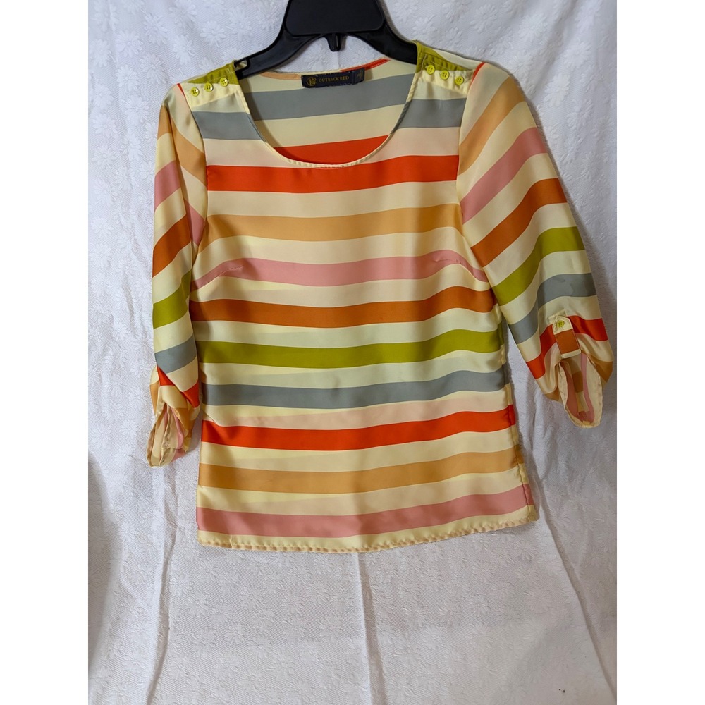 Outback Red Multi Color Striped 70s retro Modern Mod 3/4 Sleeve Detail Blouse XS